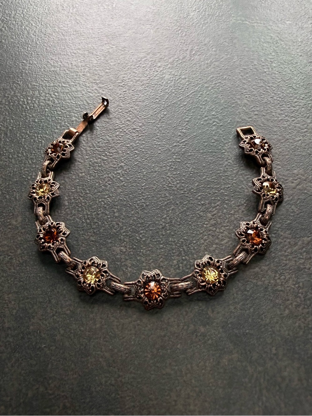 Vintage-Inspired Amber and Citrine Rhinestone Antique Copper Flower Bracelet